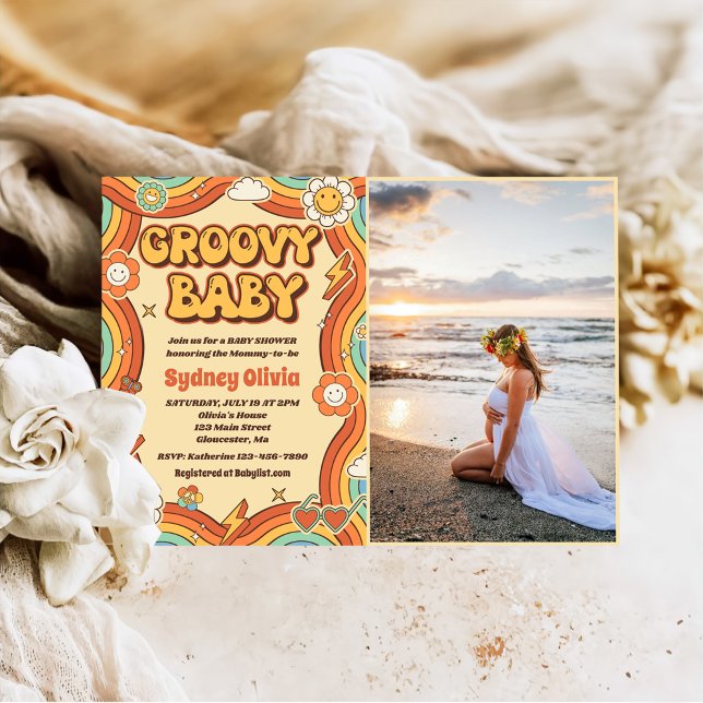 Groovy Baby Retro Rainbow Baby Shower Party Photo Invitation (Creator Uploaded)