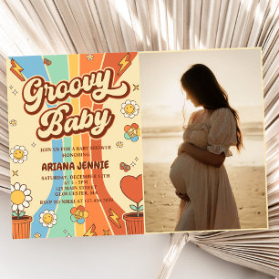 Groovy Baby Retro Rainbow Baby Shower Party Photo Invitation