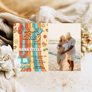 Groovy Baby Retro Rainbow Baby Shower Party Photo Invitation