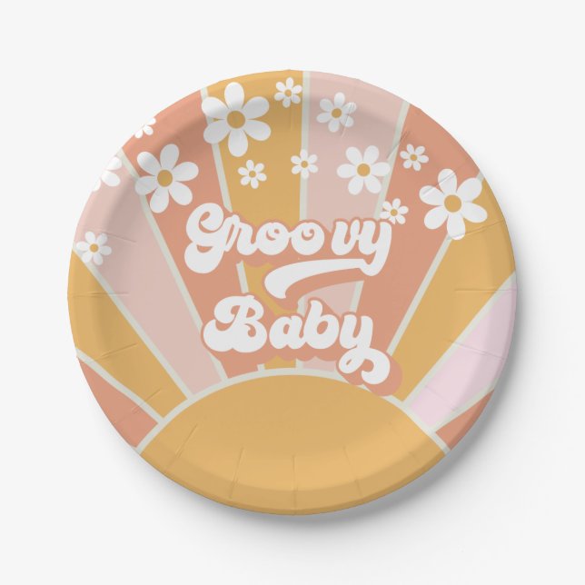Groovy Baby Retro Sunshine Hippie Baby Shower Pape Paper Plate (Front)