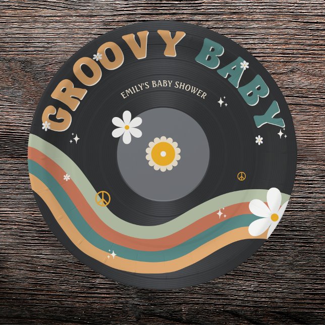 Groovy Baby Retro Vinyl Record Baby Shower Paper Plate (GROOVY BABY - Vinyl Record, Retro Baby Shower Paper Plates)