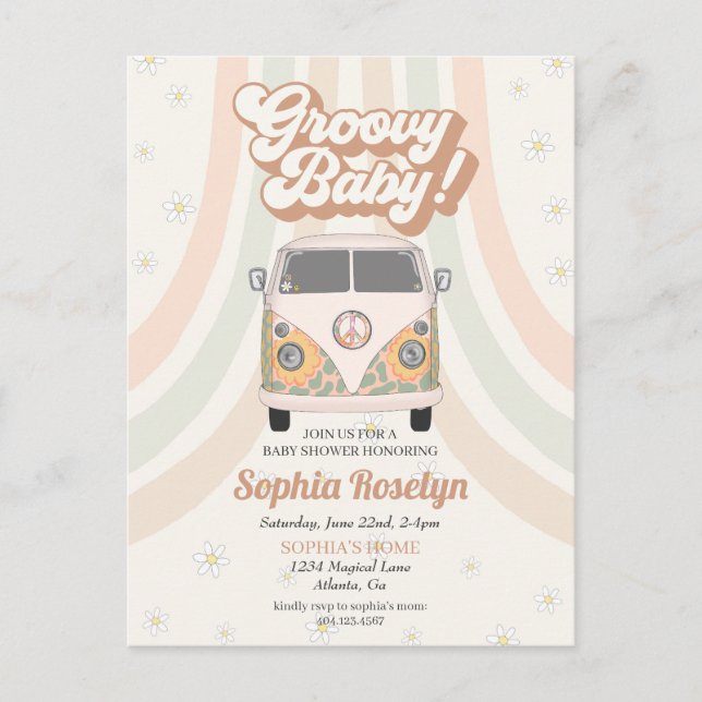 Groovy baby shower, 70s retro theme invitation postcard (Front)