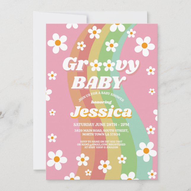 Groovy Baby Shower Pink Girls Retro Rainbow 1970s Invitation (Front)