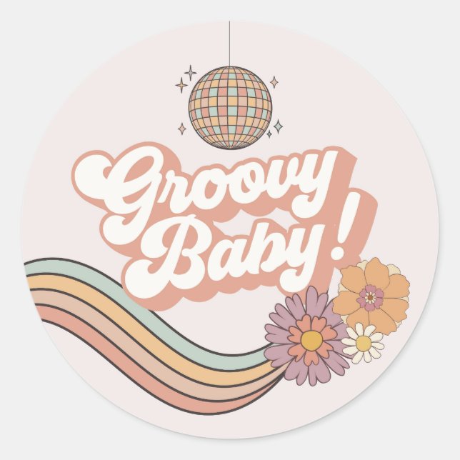 Groovy Baby Shower Retro Favour Sticker (Front)