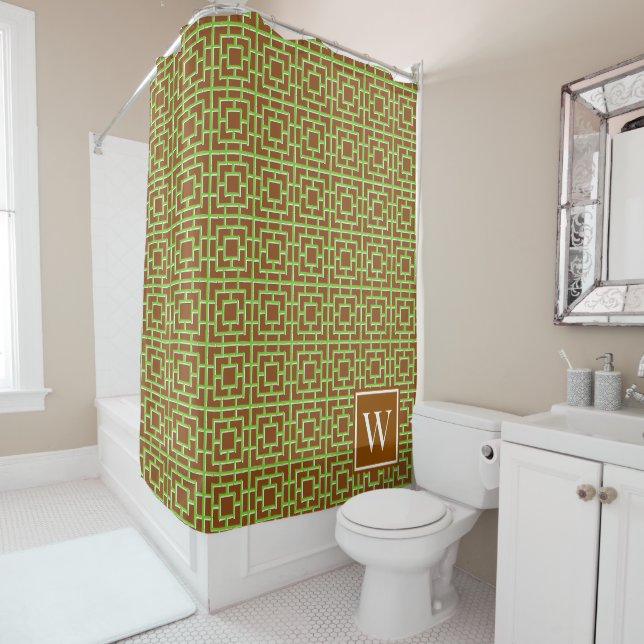 Groovy Bamboo Lattice - Lime & Brown Shower Curtain (In Situ)