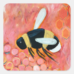 Groovy Bee and Pink Flowers Fine Art Square Sticker