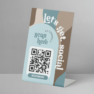 Groovy Beige & Teal Trendy Social Media QR Code Pedestal Sign