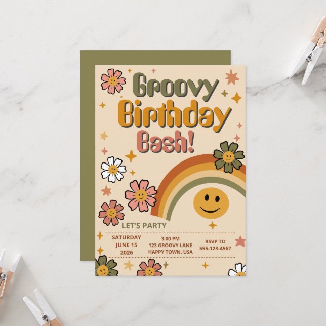Groovy Birthday Bash Invitation (Front/Back In Situ)