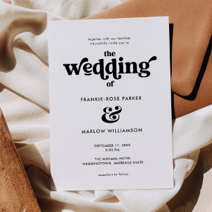 Groovy Black White Retro Typography Wedding Invitation