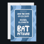 Groovy Blue Waves Custom Bat Bar Bnai Mitzvah Save The Date<br><div class="desc">Perfect card to announce a bar or bat mitzvah or other Jewish celebration and ask guests to save the date! Hand made art for you with handlettering on the front and back side! (check shop or DM for BAR/BAT options) FULLY CUSTOMIZABLE! Click on “Personalise” above to edit the text. Click...</div>
