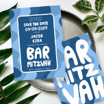 Groovy Blue Waves Custom Bat Bar Bnai Mitzvah Save The Date<br><div class="desc">Perfect card to announce a bar or bat mitzvah or other Jewish celebration and ask guests to save the date! Hand made art for you with handlettering on the front and back side! (check shop or DM for BAR/BAT options) FULLY CUSTOMIZABLE! Click on “Personalise” above to edit the text. Click...</div>