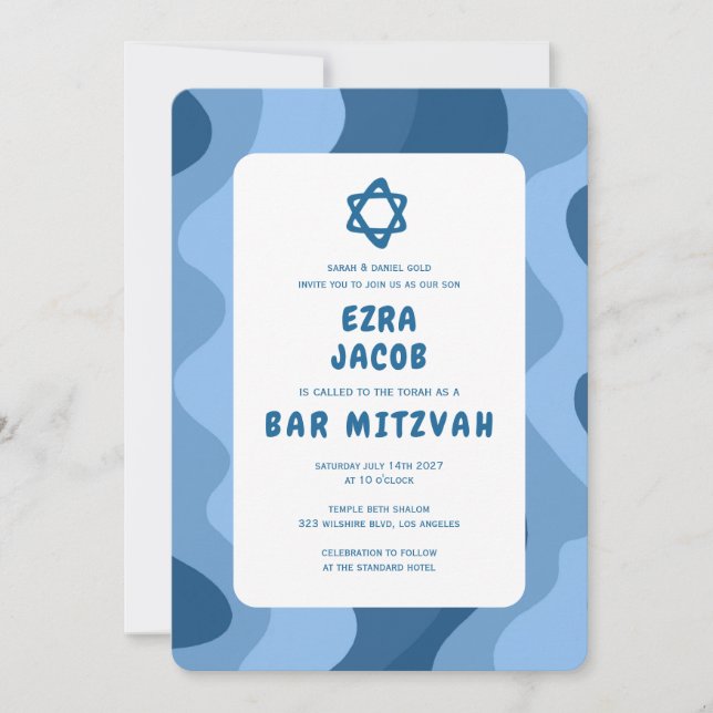 Groovy Blue Waves Star of David Custom Bar Mitzvah Invitation (Front)