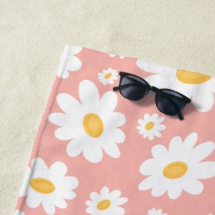 Groovy Blush Boho Daisy Floral Garden Pattern Beach Towel