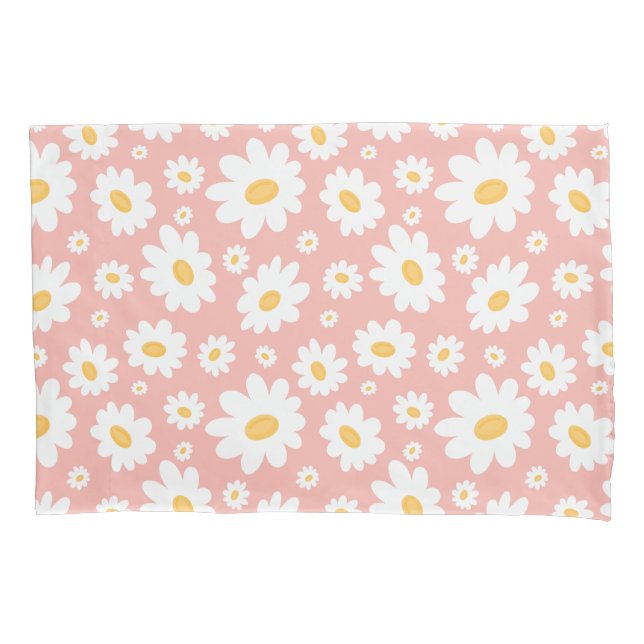 Groovy Blush Boho Daisy Floral Garden Pattern Pillowcase (Front)