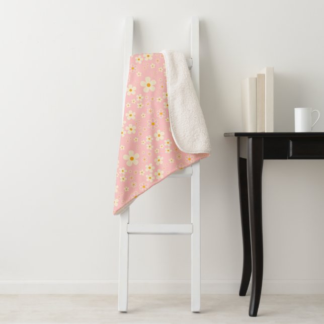 Groovy Blush Boho Daisy Floral Garden Pattern Wrap Sherpa Blanket (In Situ)