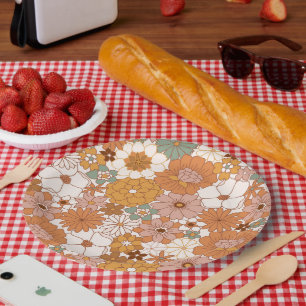 Groovy Boho 70s Flowers Pattern Paper Plate