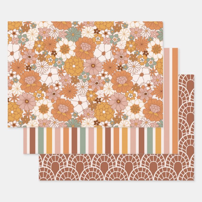 Groovy Boho 70s Flowers Pattern Wrapping Paper Sheet (Set)
