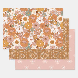 Groovy Boho 70s Flowers Pattern Wrapping Paper Sheet