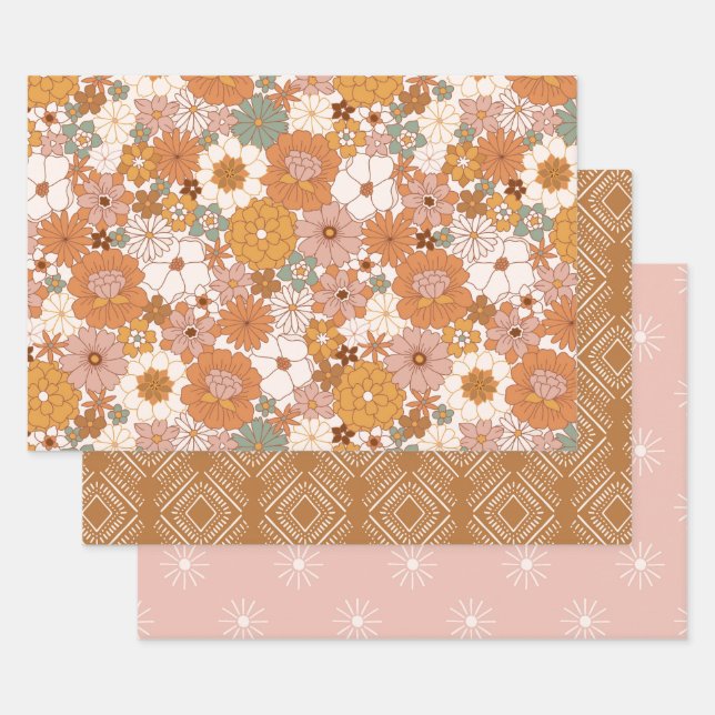 Groovy Boho 70s Flowers Pattern Wrapping Paper Sheet (Set)