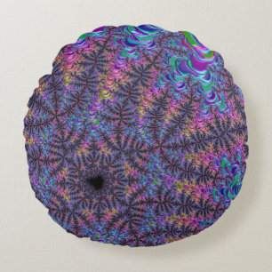 Groovy Boho Colourful Jewel Tone Fractal Art Round Cushion