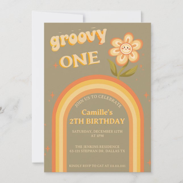 Groovy boho daisy rainbow birthday invitation (Front)