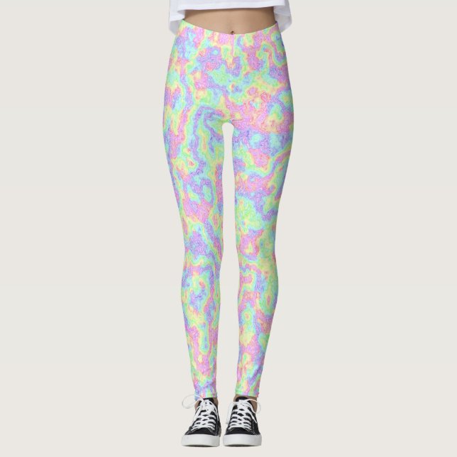 Groovy Boho Hippie Bright Pastel Rainbow Marble Leggings (Front)