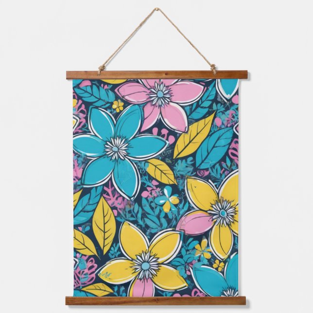 Groovy Boho Large Flowers Colorful Hanging Tapestry (Front)