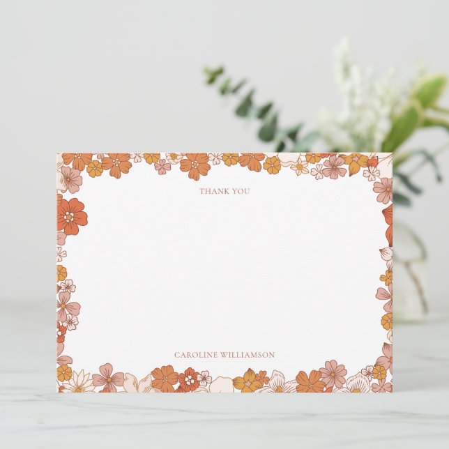 Groovy Boho Orange Floral Baby Shower Custom Thank You Card (Standing Front)
