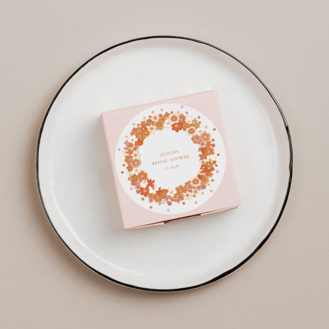 Groovy Boho Orange Floral Bridal Shower Custom  Classic Round Sticker (Creator Uploaded)