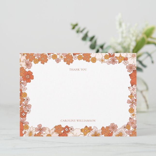 Groovy Boho Orange Floral Bridal Shower Custom Thank You Card (Standing Front)