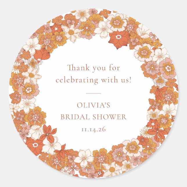 Groovy Boho Orange Floral Bridal Shower Thank You Classic Round Sticker (Front)