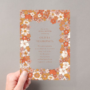 Groovy Boho Orange Floral Frame Bridal Shower Acrylic Invitations