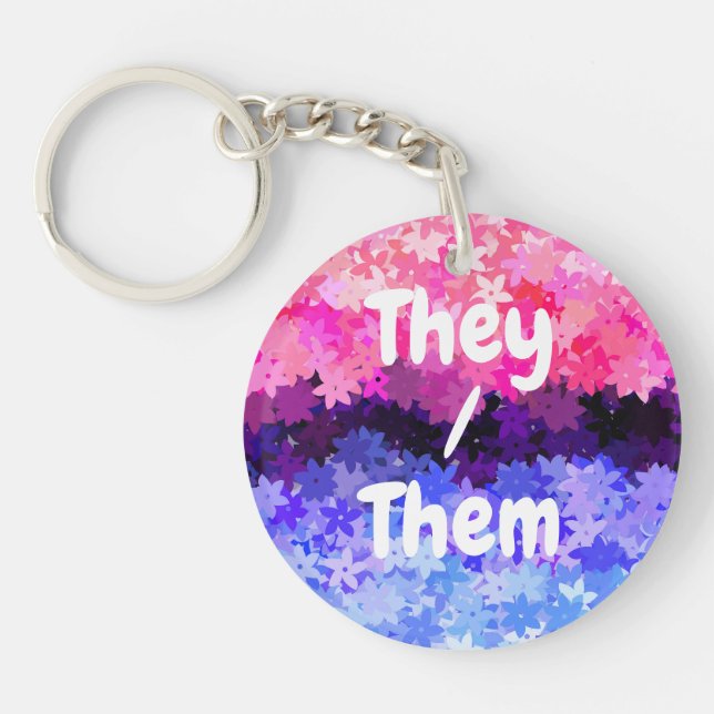 Groovy Boho Quirky Retro Floral Omnisexual Pride Key Ring (Front)