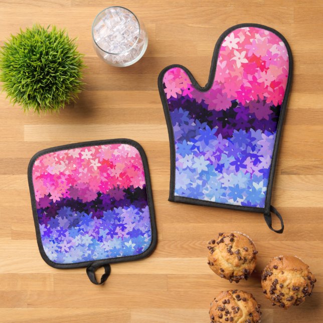 Groovy Boho Quirky Retro Floral Omnisexual Pride Oven Mitt & Pot Holder Set (Top Down)