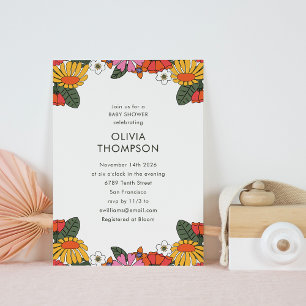 Groovy Boho Retro Flower Frame Cute Baby Shower Invitation