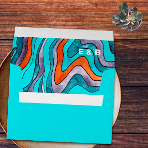 Groovy Boho Retro Teal Wavy Typography Wedding Envelope