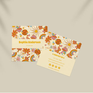 Groovy Boho Retro with Colourful 70s Floral Design Square Business Card