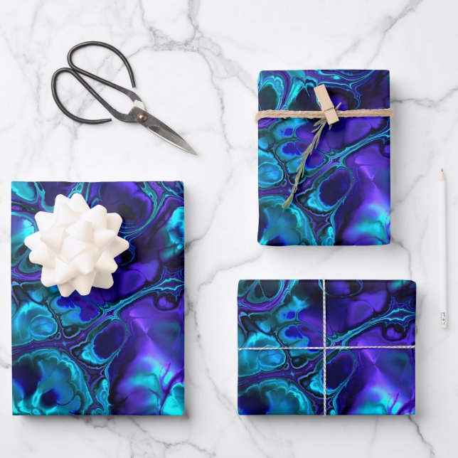 Groovy Boho Vibrant Blue Monochrome Fractal Marble Wrapping Paper Sheet (Front)