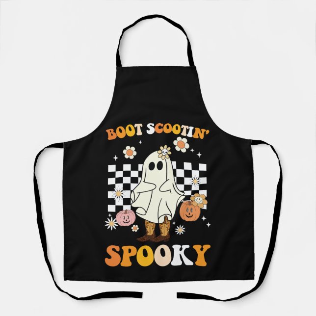 Groovy Boot Scootin Spooky Ghost Halloween Retro Apron (Front)