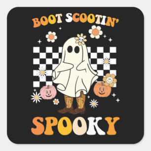 Groovy Boot Scootin Spooky Ghost Halloween Retro Square Sticker
