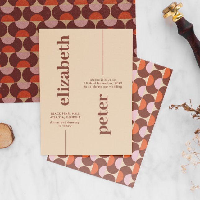 Groovy Brown Retro 70s Geometric Wedding Invitation (Creator Uploaded)