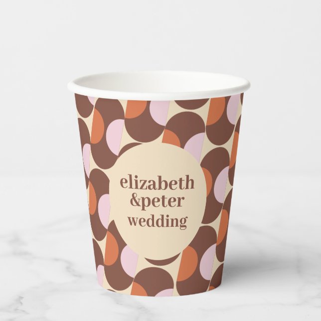 Groovy Brown Retro 70s Geometric Wedding Paper Cups (Front)
