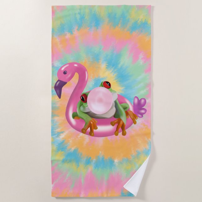 Groovy Bubblegum Blowing Tree Frog Tie Dye  Beach Towel (Front)