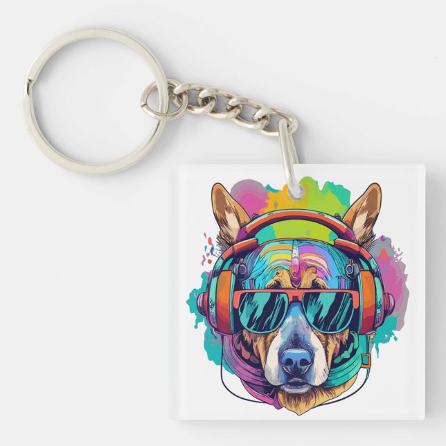 Groovy Canine Vibes : Cool Dog with Headphones Key Ring (Front)