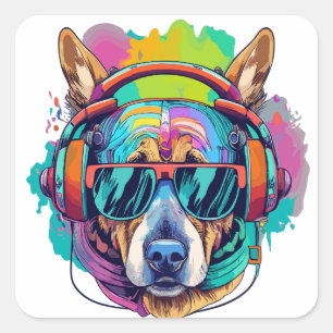 Groovy Canine Vibes : Cool Dog with Headphones Square Sticker