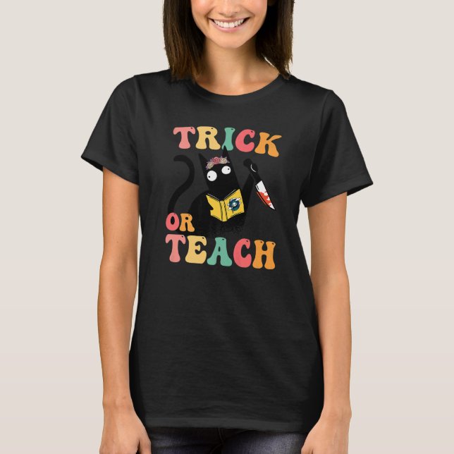 Groovy Cat 70s Costume Trick or Teach Retro Floral T-Shirt (Front)