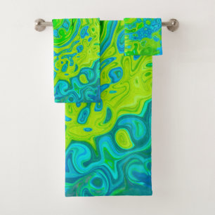 Groovy Chartreuse and Aquamarine Liquid Swirl Bath Towel Set