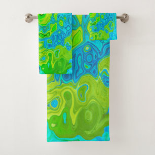 Groovy Chartreuse and Aquamarine Liquid Swirl Bath Towel Set