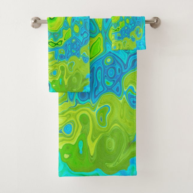 Groovy Chartreuse and Aquamarine Liquid Swirl Bath Towel Set (Insitu)