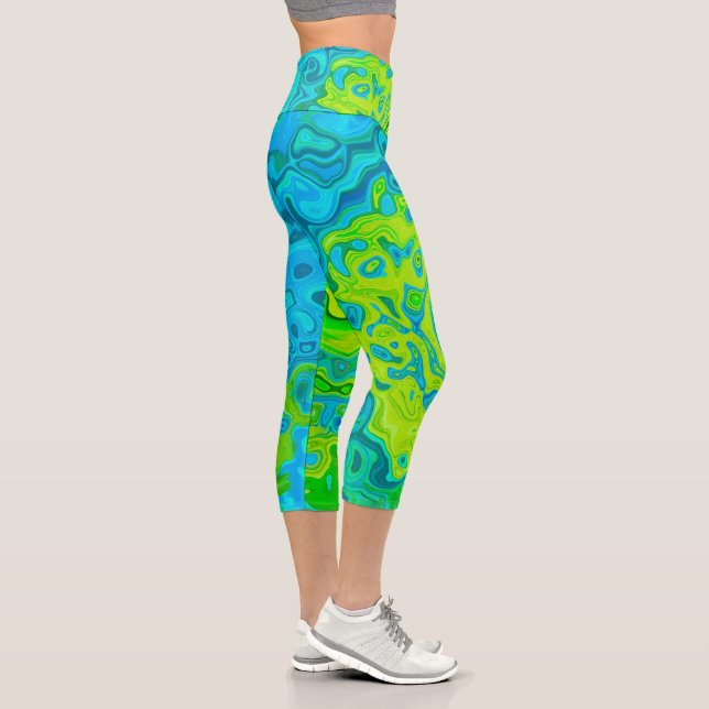Groovy Chartreuse and Aquamarine Liquid Swirl Capri Leggings (Right)